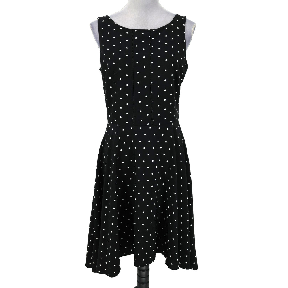 WHBM Dress Womens 8 Black White Polka Dot Lined Back Zip Fit n Flare Sleeveless